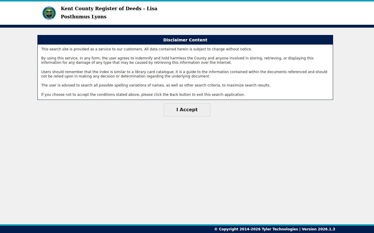 Kent County street directory record trail showing the Register of Deeds online index disclaimer